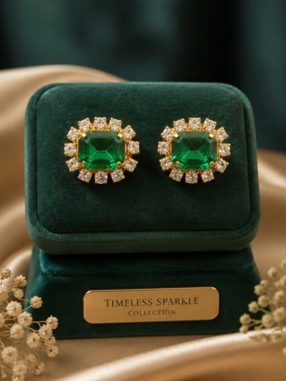 Emerald Green Rhinestone Halo Stud Earrings Gold Tone Vintage Style